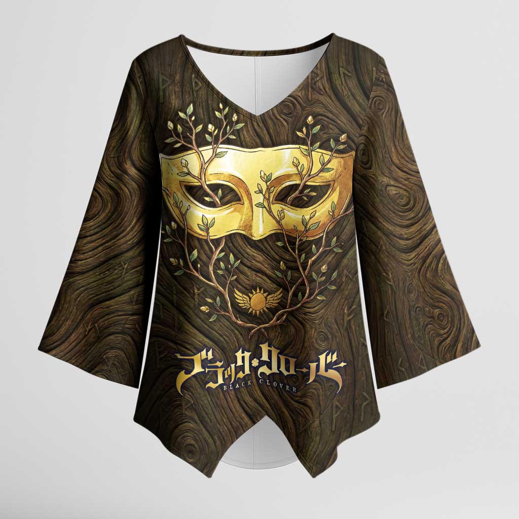 William Vangeance Black Clover Kimono Sleeve Blouse Enchanted Woodgrain Style with Duality and Golden Mask Motif