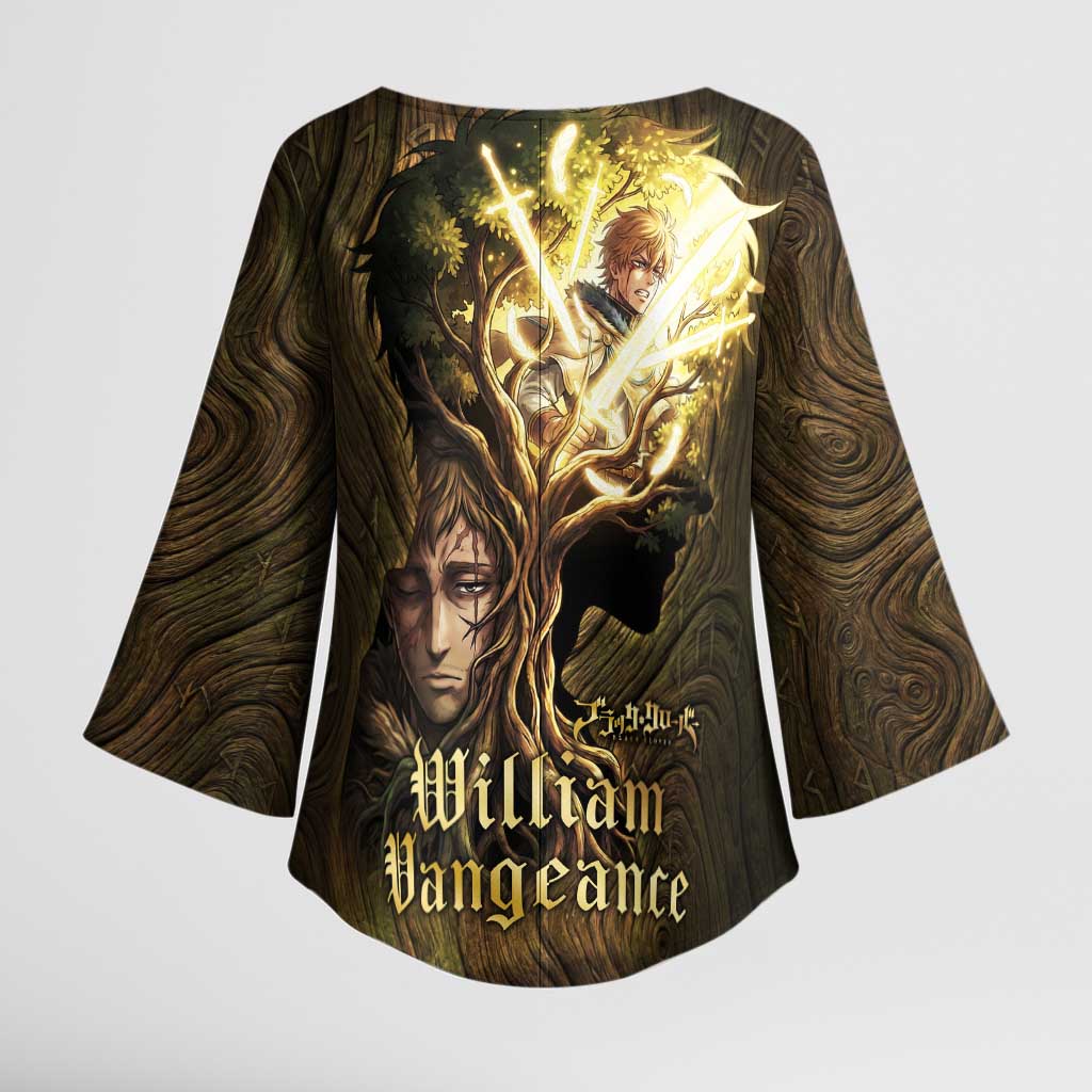 William Vangeance Black Clover Kimono Sleeve Blouse Enchanted Woodgrain Style with Duality and Golden Mask Motif