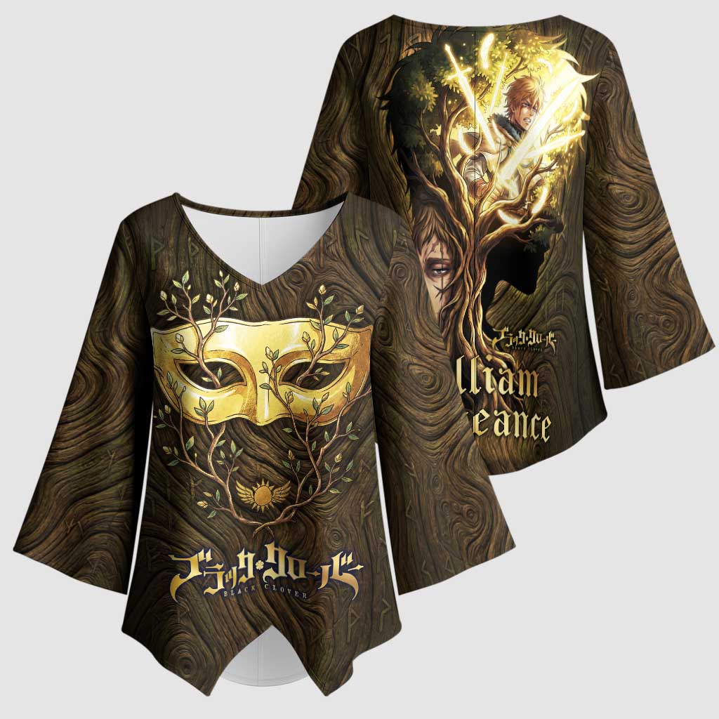 William Vangeance Black Clover Kimono Sleeve Blouse Enchanted Woodgrain Style with Duality and Golden Mask Motif