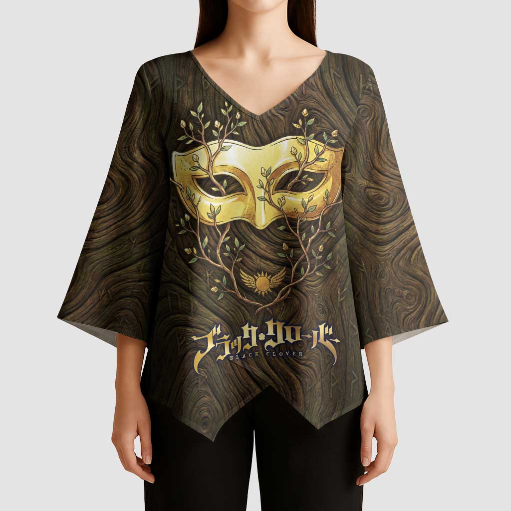 William Vangeance Black Clover Kimono Sleeve Blouse Enchanted Woodgrain Style with Duality and Golden Mask Motif