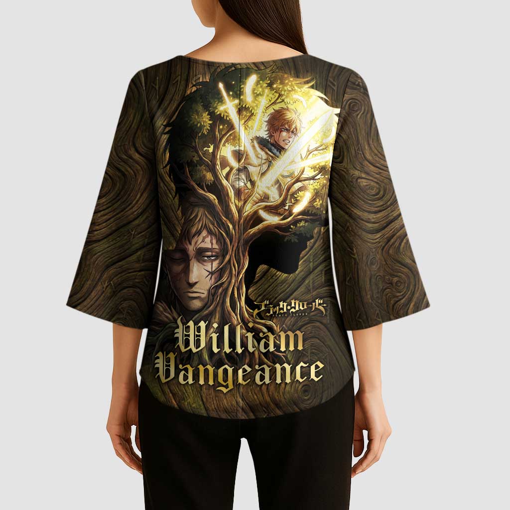William Vangeance Black Clover Kimono Sleeve Blouse Enchanted Woodgrain Style with Duality and Golden Mask Motif