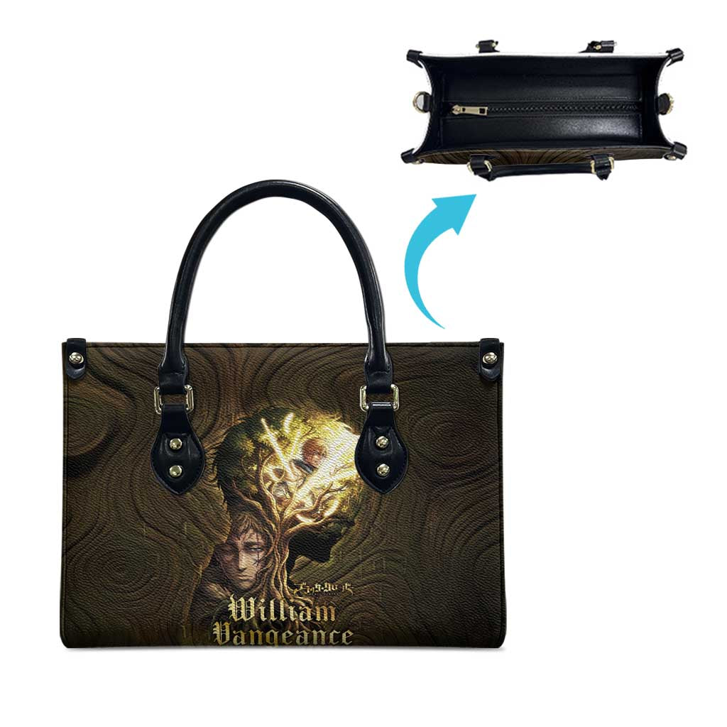William Vangeance Black Clover Leather Bag Enchanted Woodgrain Style with Duality and Golden Mask Motif