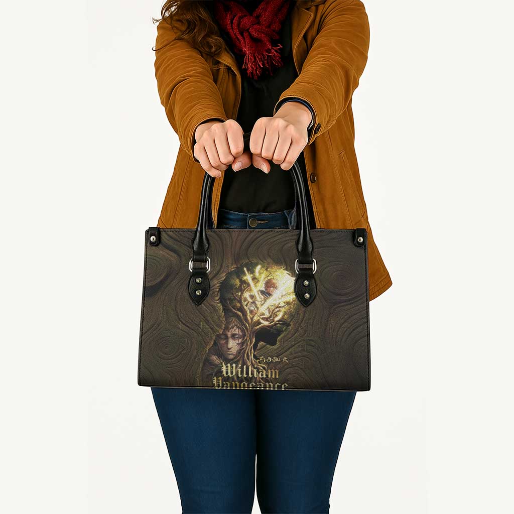 William Vangeance Black Clover Leather Bag Enchanted Woodgrain Style with Duality and Golden Mask Motif