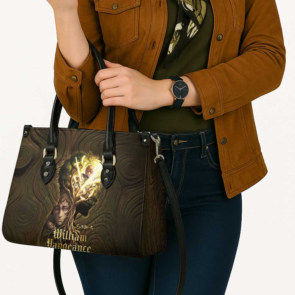 William Vangeance Black Clover Leather Bag Enchanted Woodgrain Style with Duality and Golden Mask Motif