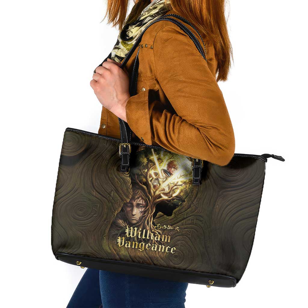 William Vangeance Black Clover Leather Tote Bag Enchanted Woodgrain Style with Duality and Golden Mask Motif
