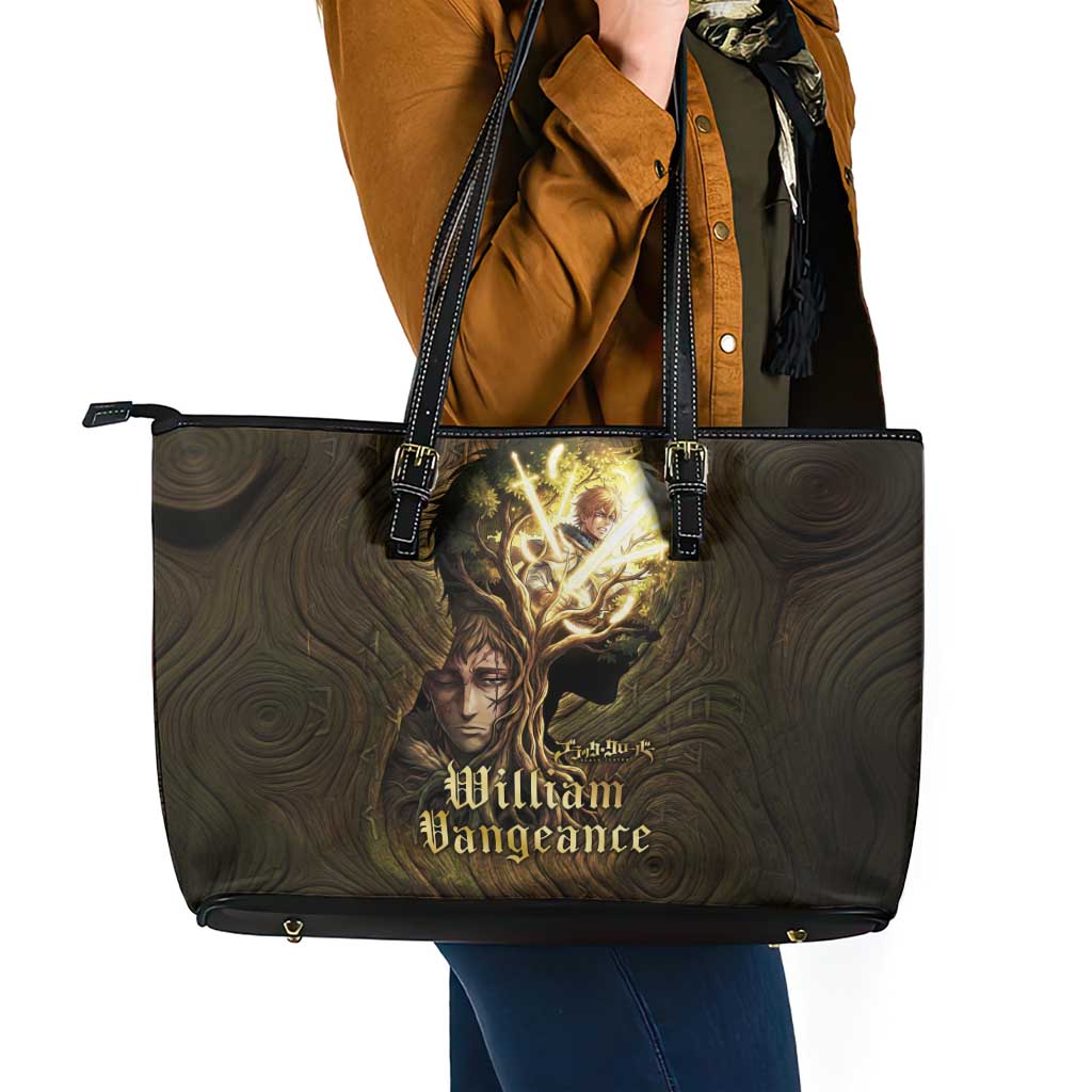 William Vangeance Black Clover Leather Tote Bag Enchanted Woodgrain Style with Duality and Golden Mask Motif