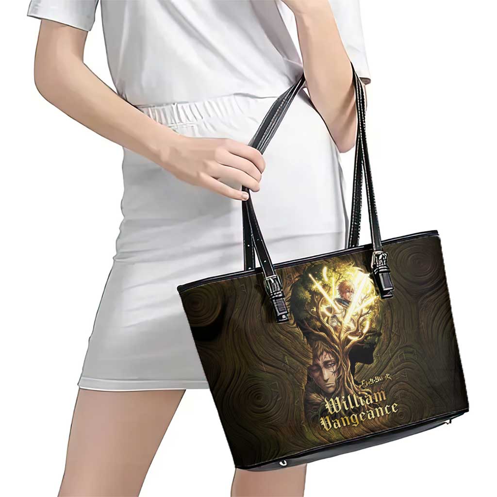 William Vangeance Black Clover Leather Tote Bag Enchanted Woodgrain Style with Duality and Golden Mask Motif