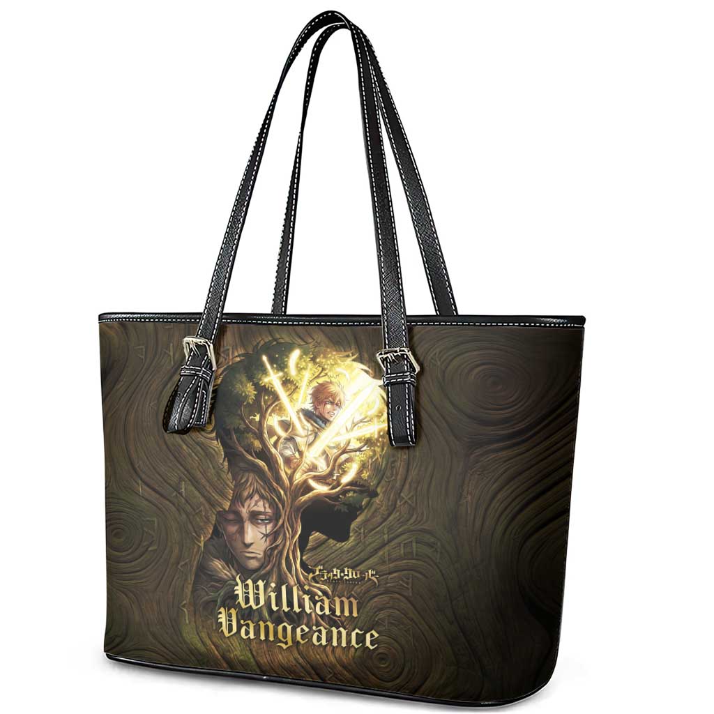 William Vangeance Black Clover Leather Tote Bag Enchanted Woodgrain Style with Duality and Golden Mask Motif