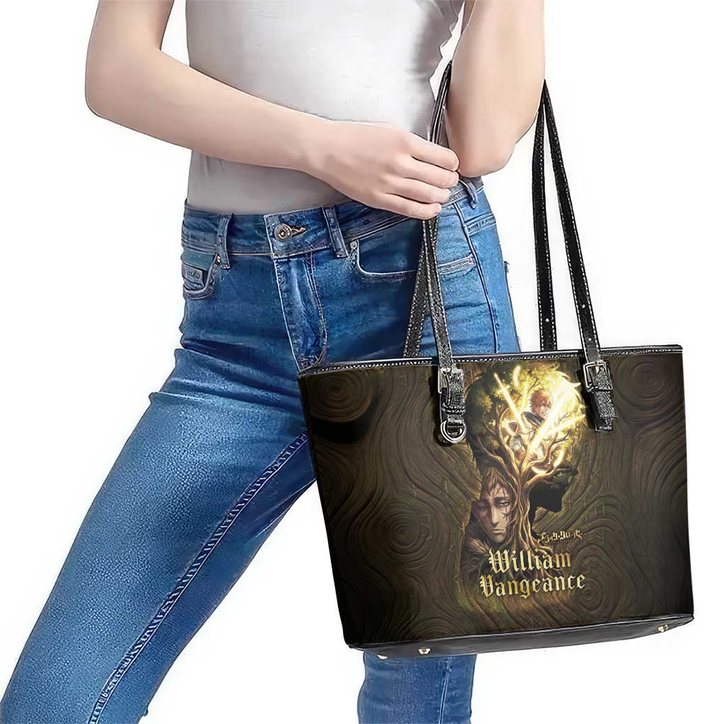 William Vangeance Black Clover Leather Tote Bag Enchanted Woodgrain Style with Duality and Golden Mask Motif