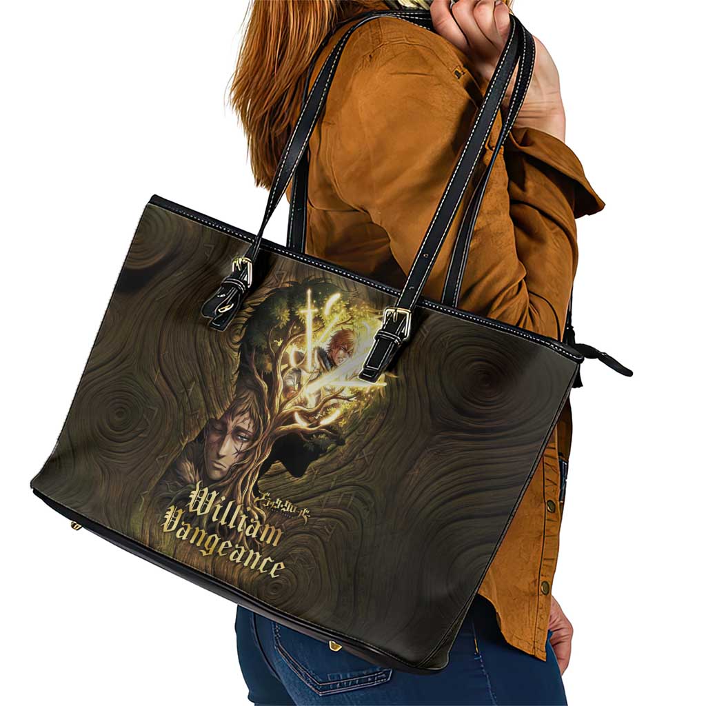 William Vangeance Black Clover Leather Tote Bag Enchanted Woodgrain Style with Duality and Golden Mask Motif
