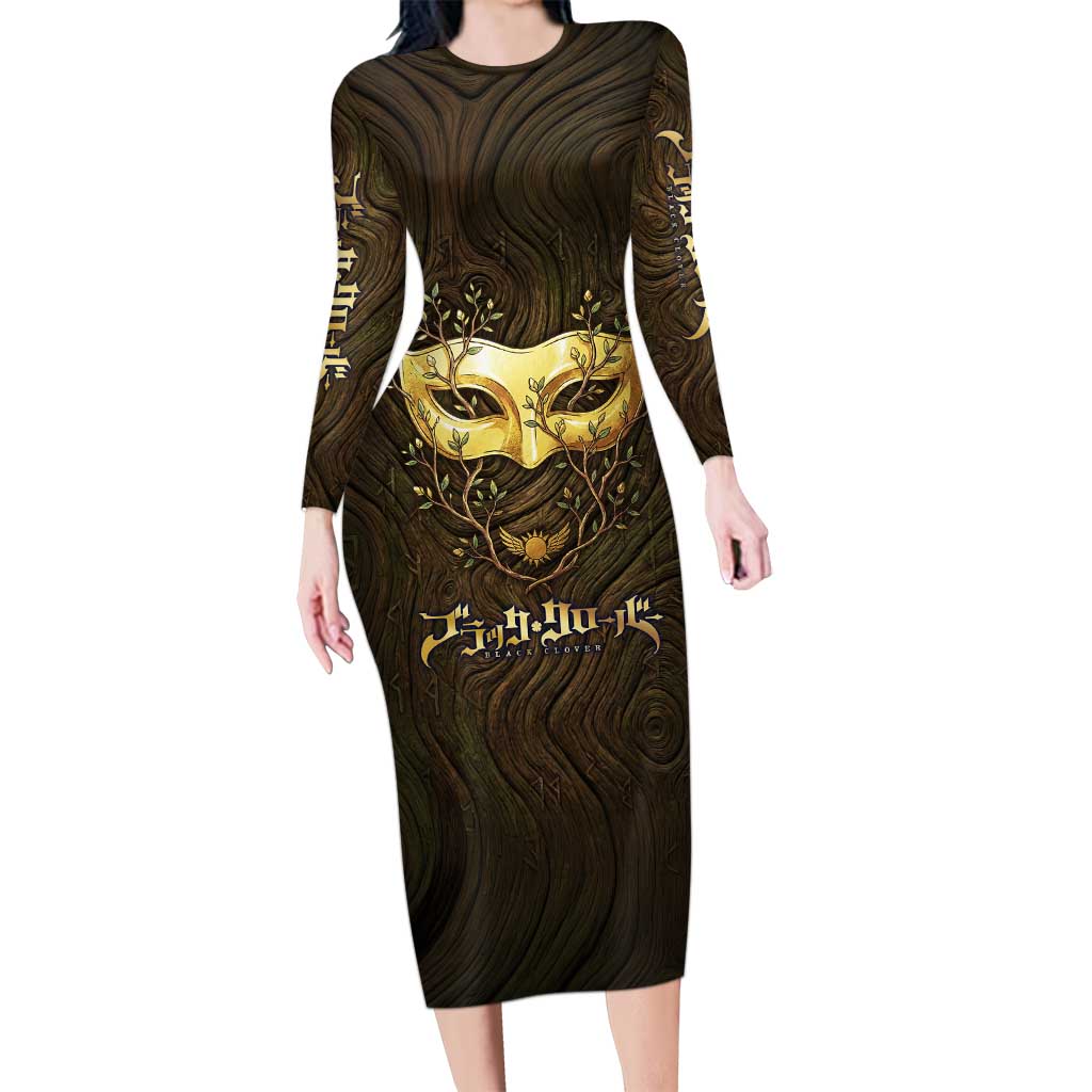 William Vangeance Black Clover Long Sleeve Bodycon Dress Enchanted Woodgrain Style with Duality and Golden Mask Motif