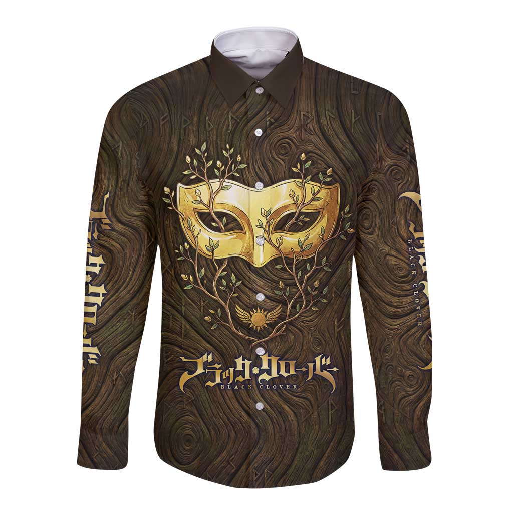 William Vangeance Black Clover Long Sleeve Button Shirt Enchanted Woodgrain Style with Duality and Golden Mask Motif