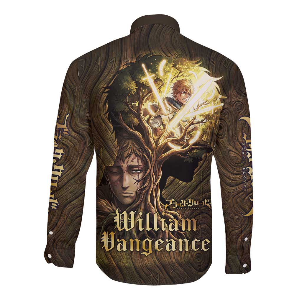 William Vangeance Black Clover Long Sleeve Button Shirt Enchanted Woodgrain Style with Duality and Golden Mask Motif