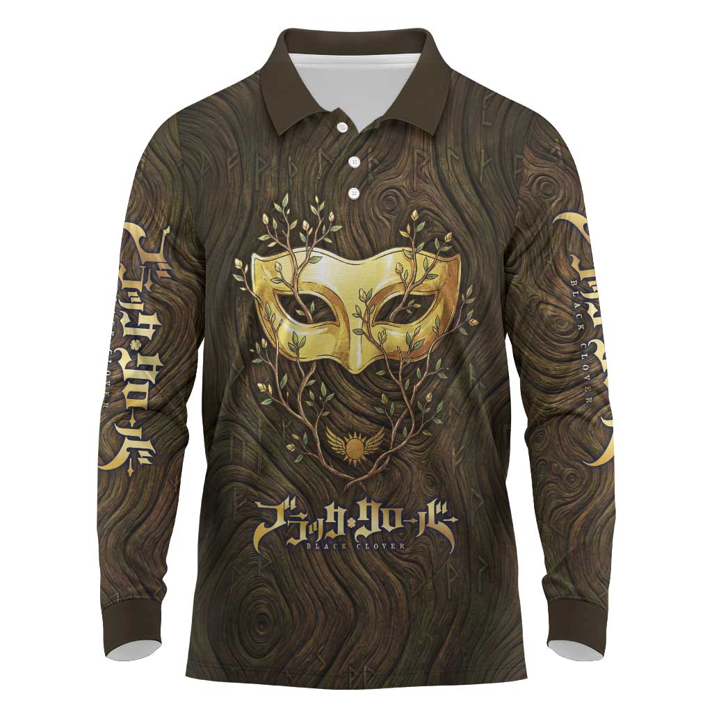 William Vangeance Black Clover Long Sleeve Polo Shirt Enchanted Woodgrain Style with Duality and Golden Mask Motif