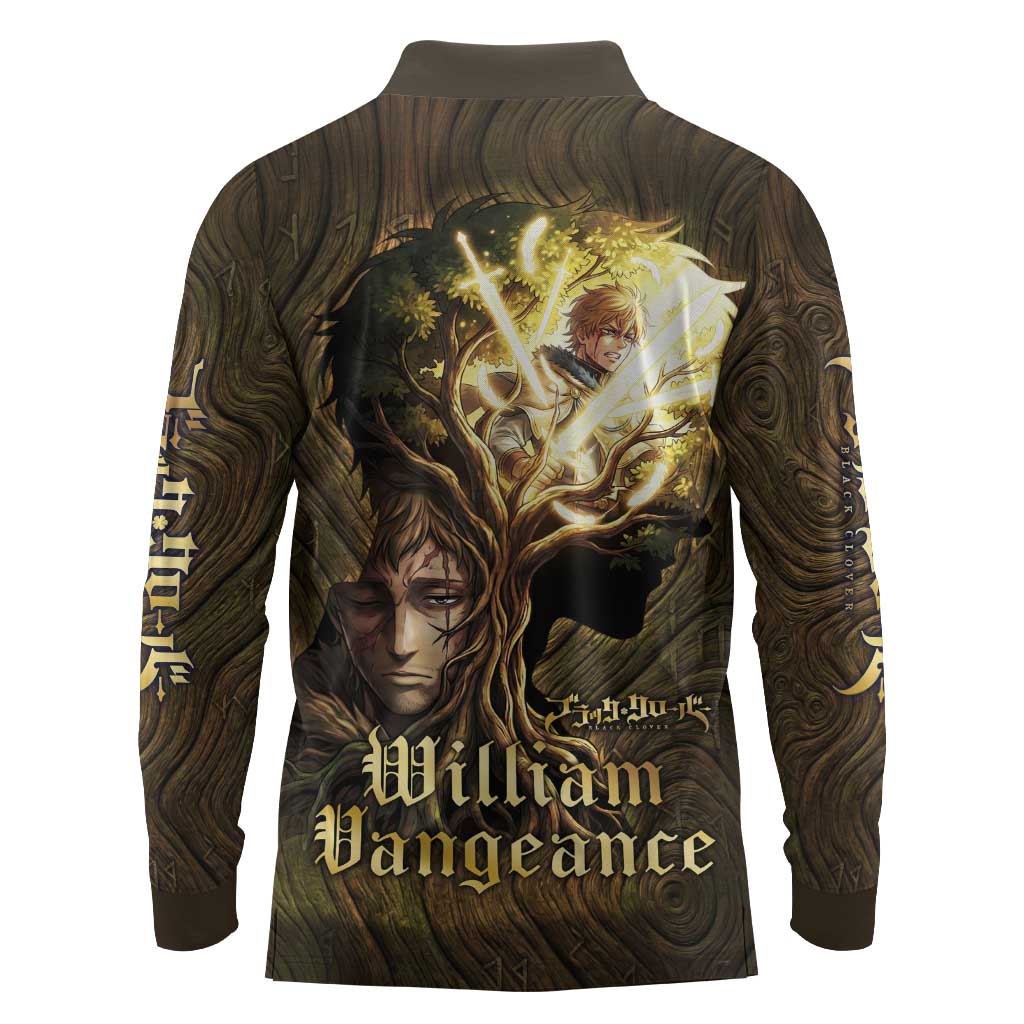 William Vangeance Black Clover Long Sleeve Polo Shirt Enchanted Woodgrain Style with Duality and Golden Mask Motif