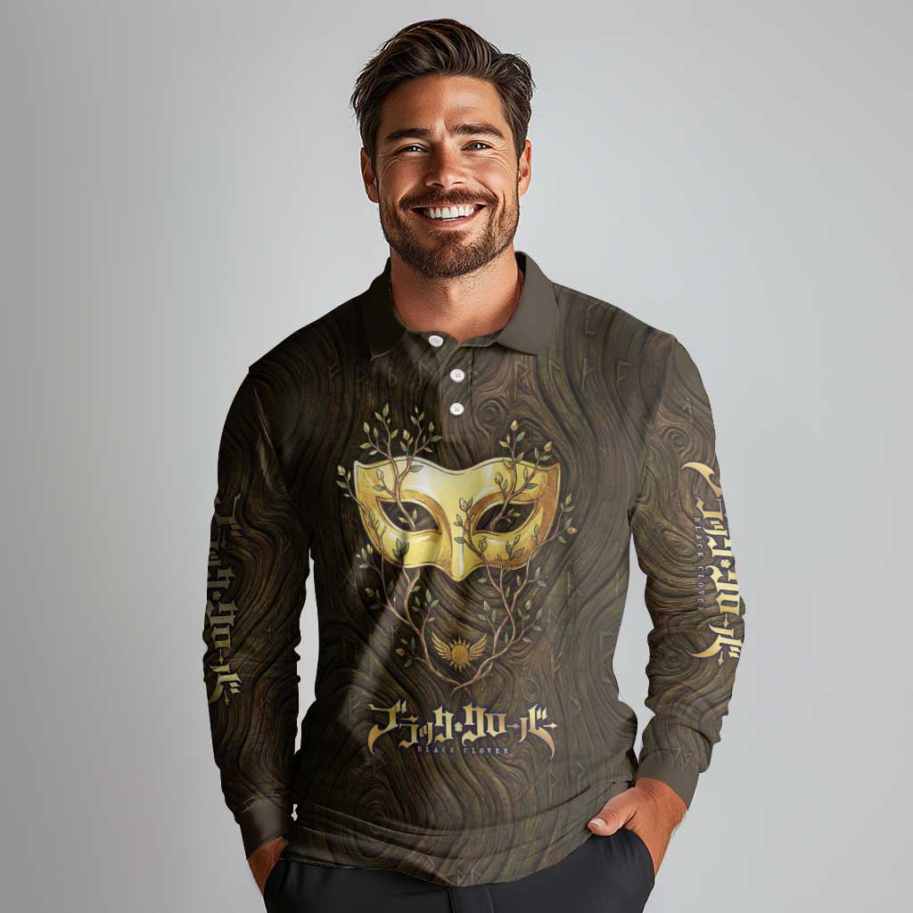 William Vangeance Black Clover Long Sleeve Polo Shirt Enchanted Woodgrain Style with Duality and Golden Mask Motif