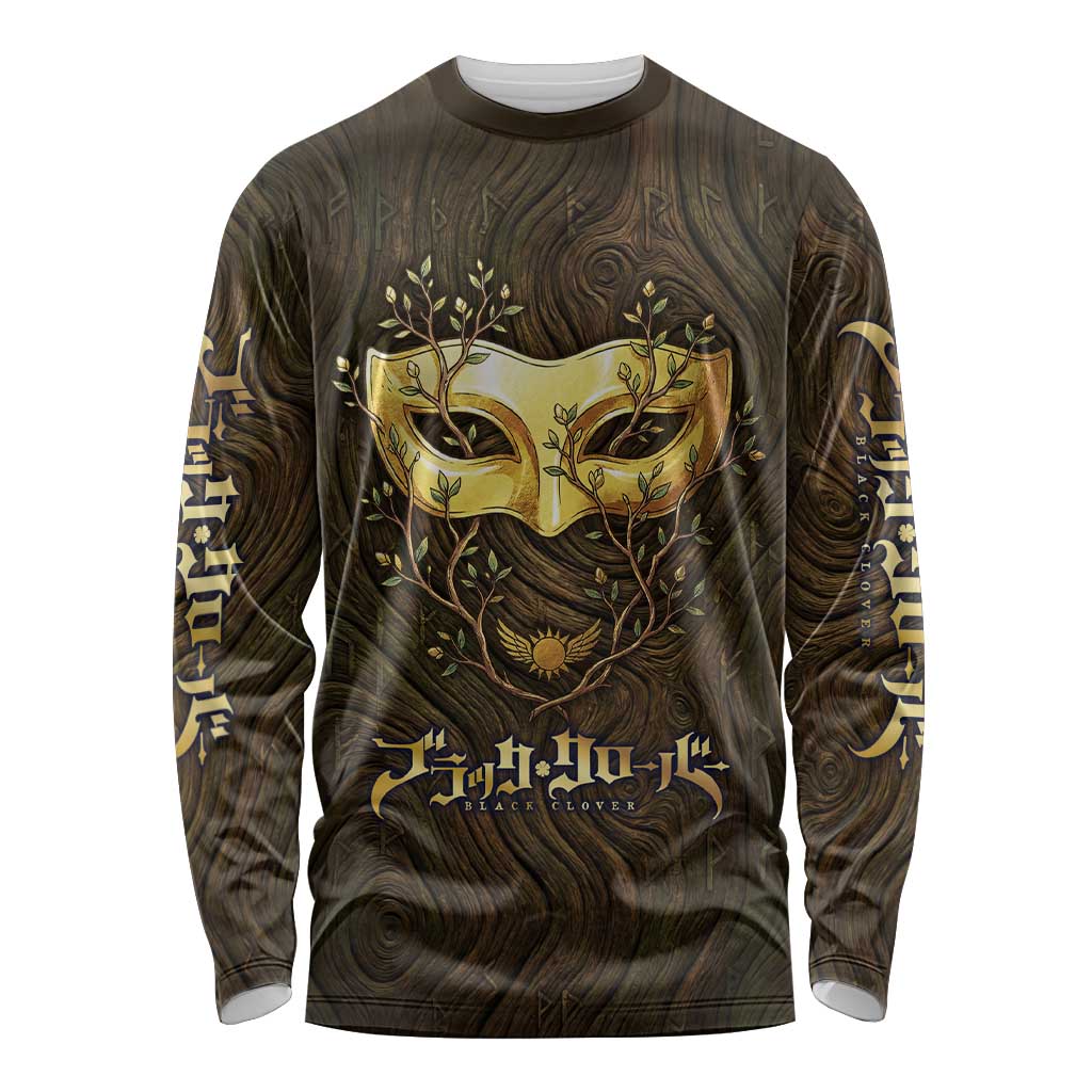 William Vangeance Black Clover Long Sleeve Shirt Enchanted Woodgrain Style with Duality and Golden Mask Motif