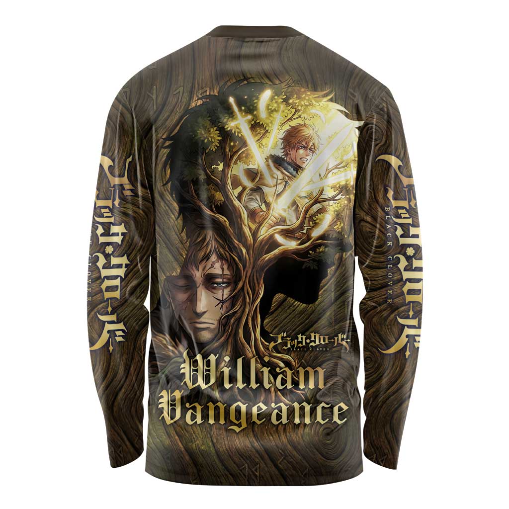 William Vangeance Black Clover Long Sleeve Shirt Enchanted Woodgrain Style with Duality and Golden Mask Motif