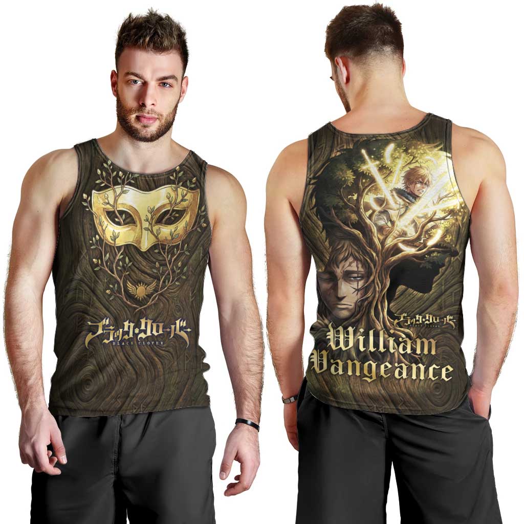 William Vangeance Black Clover Men Tank Top Enchanted Woodgrain Style with Duality and Golden Mask Motif
