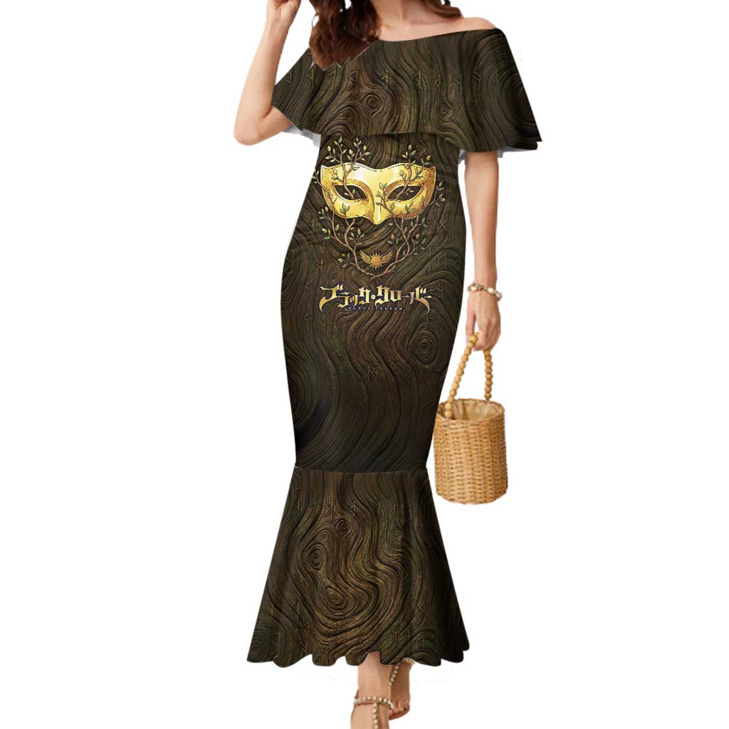 William Vangeance Black Clover Mermaid Dress Enchanted Woodgrain Style with Duality and Golden Mask Motif