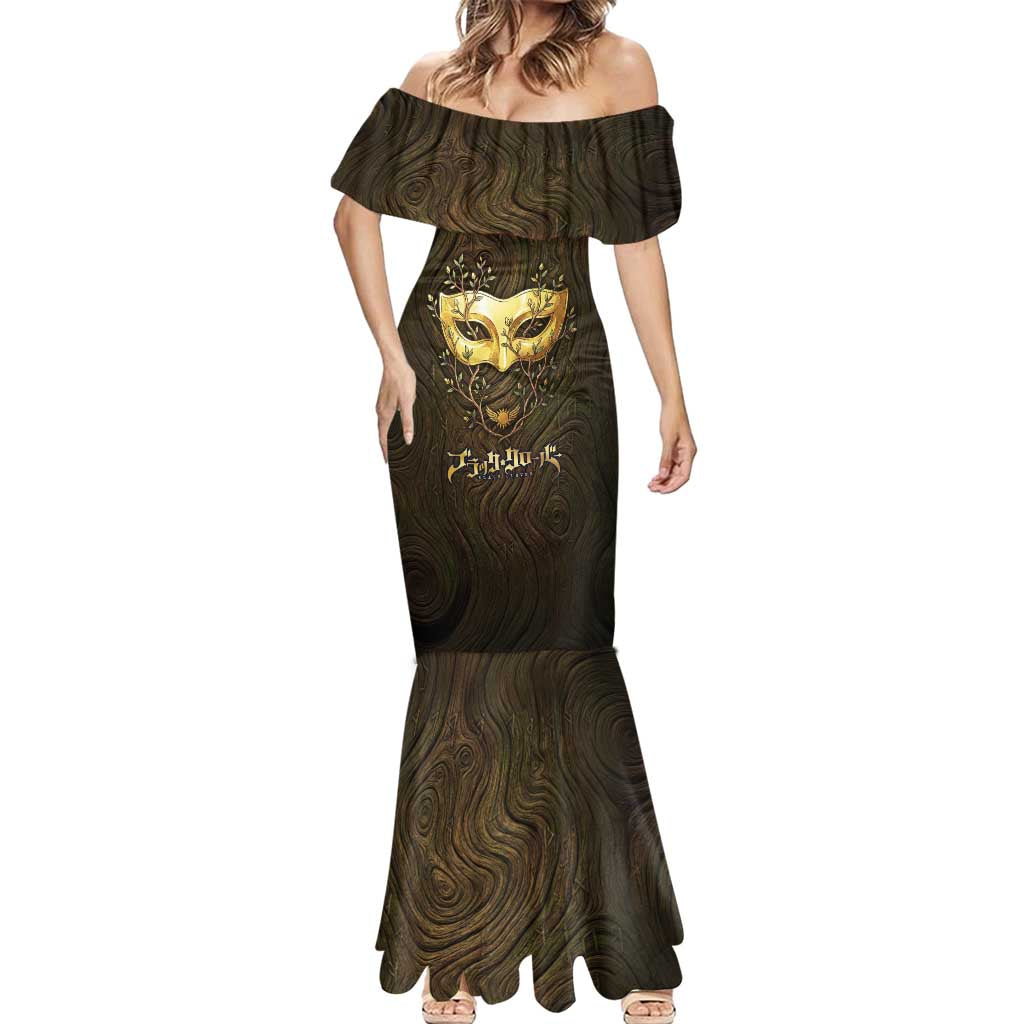 William Vangeance Black Clover Mermaid Dress Enchanted Woodgrain Style with Duality and Golden Mask Motif