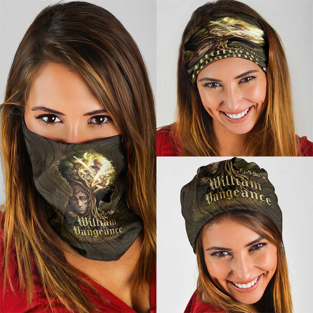 William Vangeance Black Clover Neck Gaiter Enchanted Woodgrain Style with Duality and Golden Mask Motif