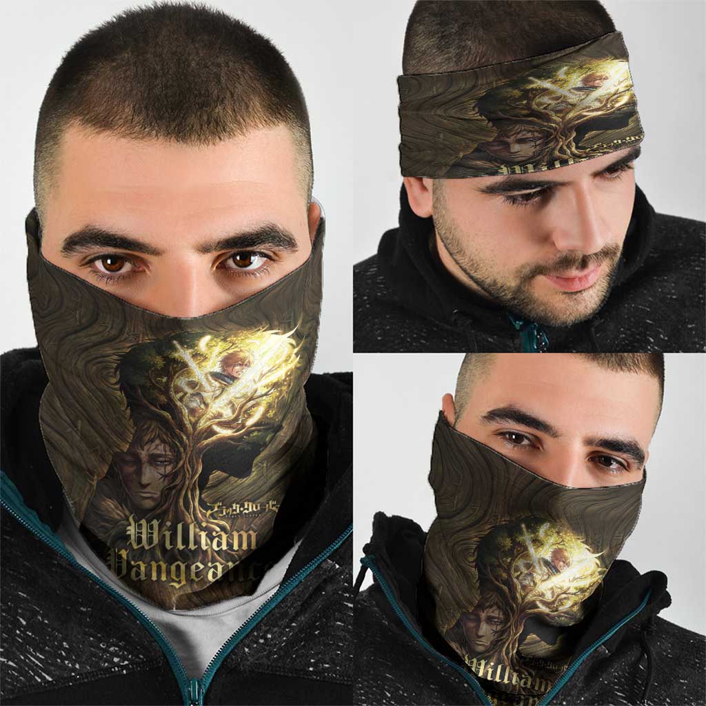 William Vangeance Black Clover Neck Gaiter Enchanted Woodgrain Style with Duality and Golden Mask Motif