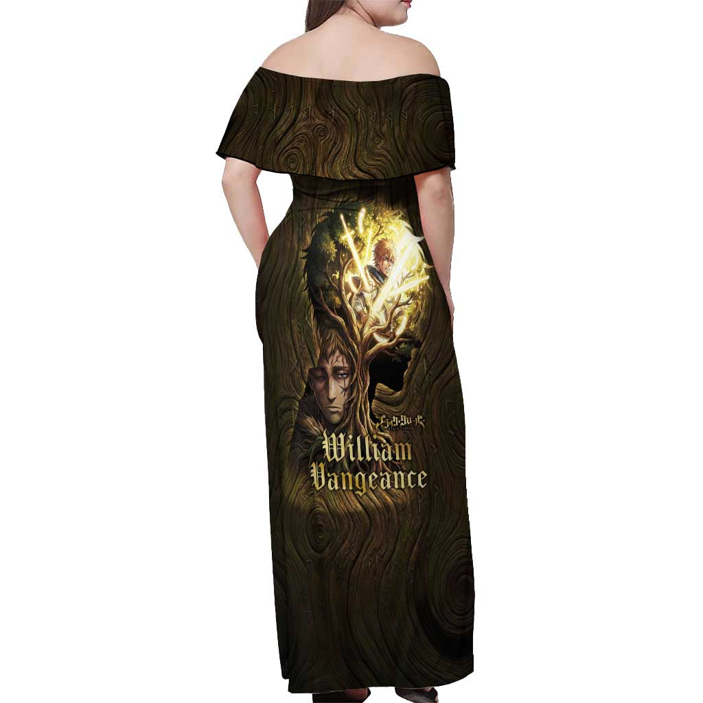 William Vangeance Black Clover Off Shoulder Maxi Dress Enchanted Woodgrain Style with Duality and Golden Mask Motif