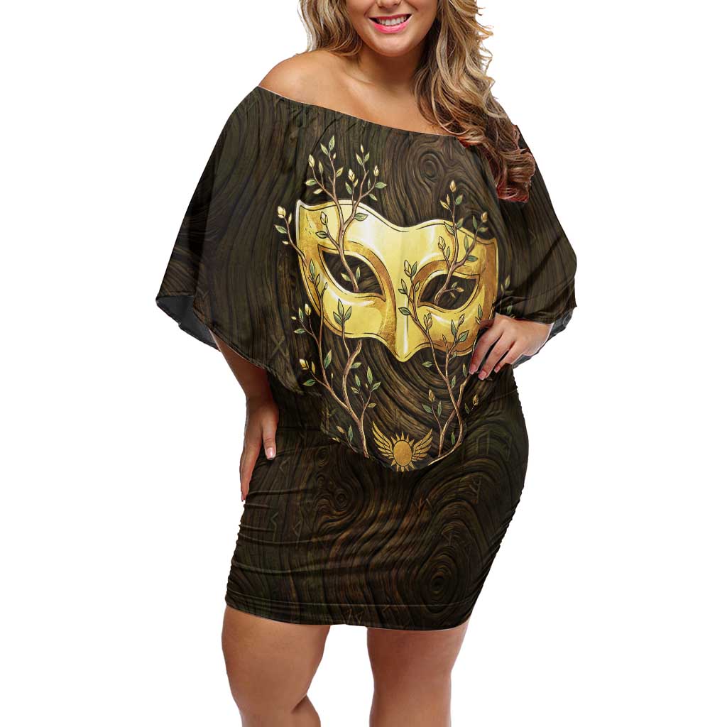 William Vangeance Black Clover Off Shoulder Short Dress Enchanted Woodgrain Style with Duality and Golden Mask Motif