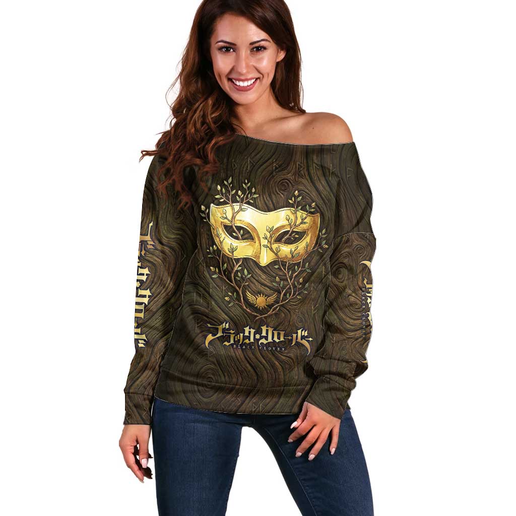 William Vangeance Black Clover Off Shoulder Sweater Enchanted Woodgrain Style with Duality and Golden Mask Motif