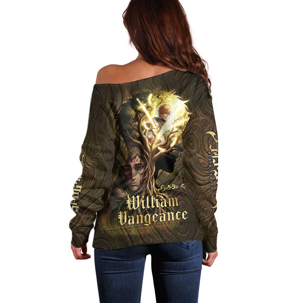 William Vangeance Black Clover Off Shoulder Sweater Enchanted Woodgrain Style with Duality and Golden Mask Motif