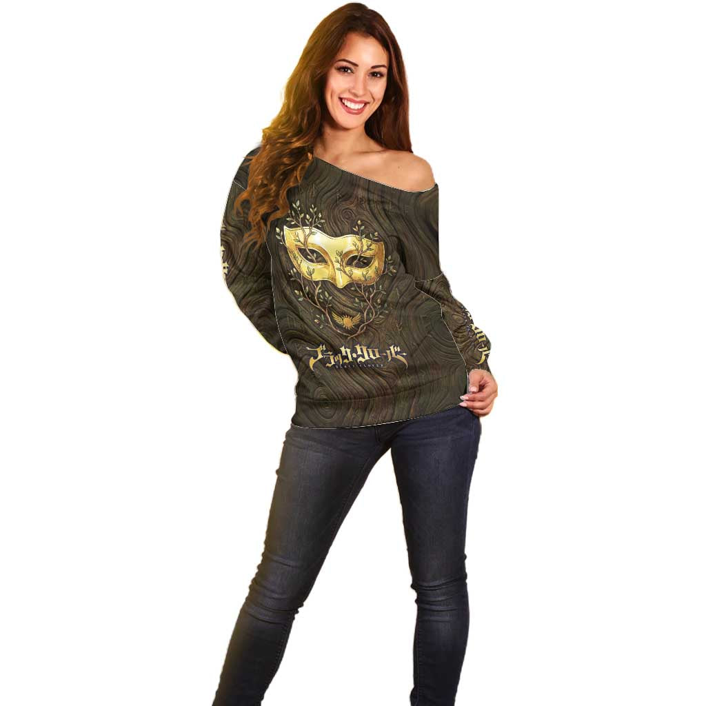 William Vangeance Black Clover Off Shoulder Sweater Enchanted Woodgrain Style with Duality and Golden Mask Motif