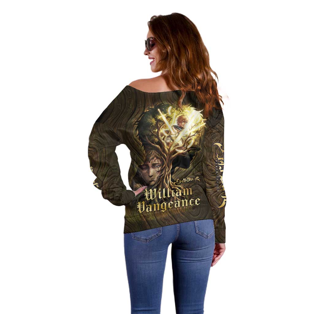 William Vangeance Black Clover Off Shoulder Sweater Enchanted Woodgrain Style with Duality and Golden Mask Motif