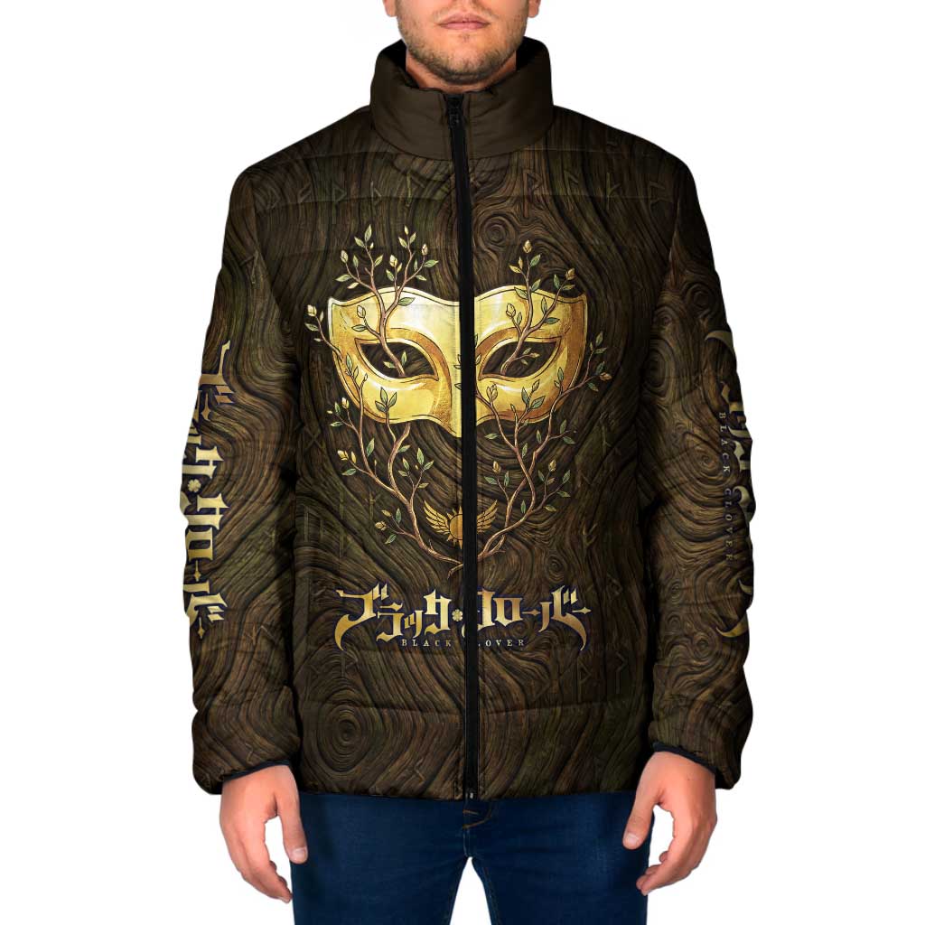 William Vangeance Black Clover Padded Jacket Enchanted Woodgrain Style with Duality and Golden Mask Motif