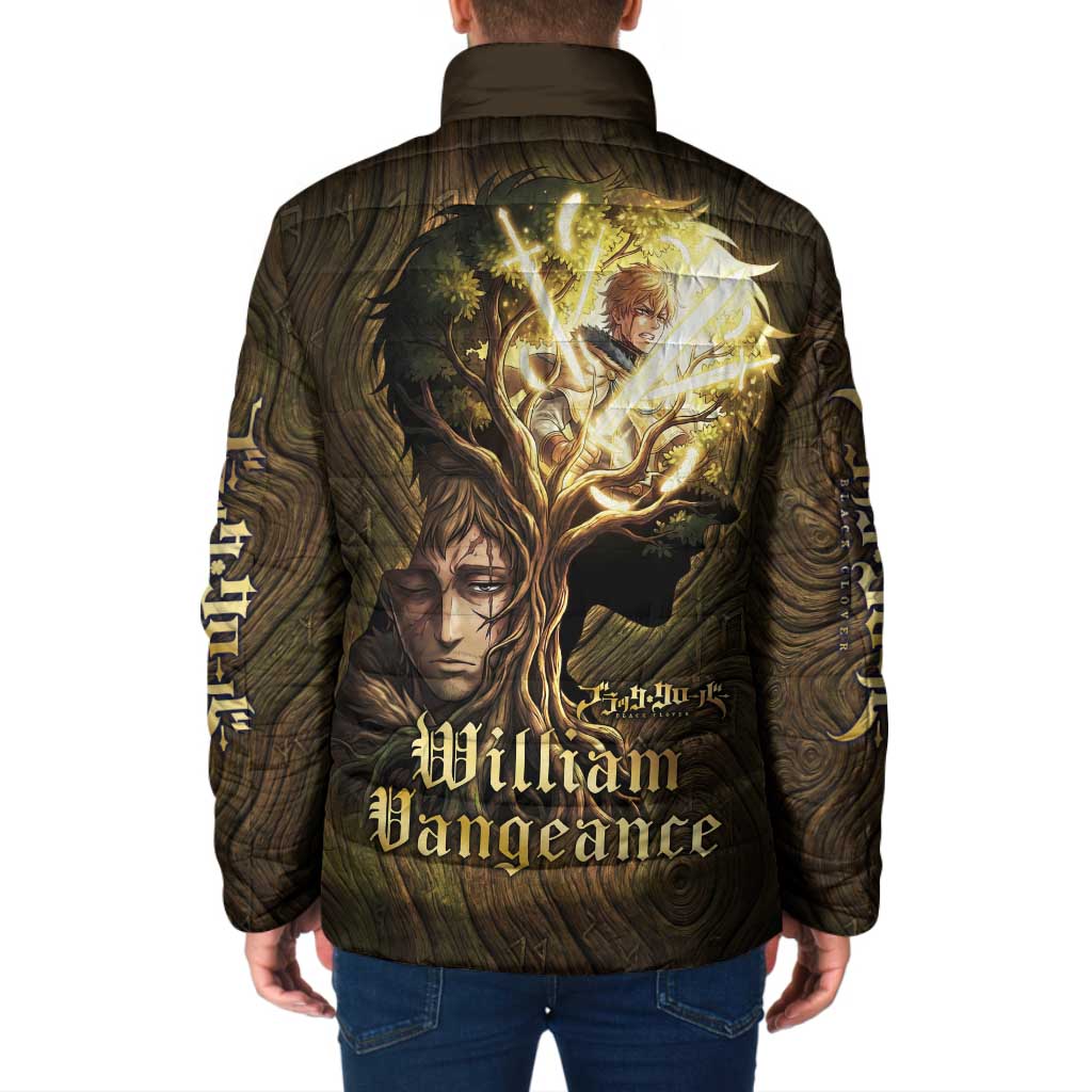 William Vangeance Black Clover Padded Jacket Enchanted Woodgrain Style with Duality and Golden Mask Motif