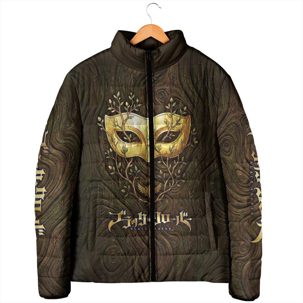 William Vangeance Black Clover Padded Jacket Enchanted Woodgrain Style with Duality and Golden Mask Motif