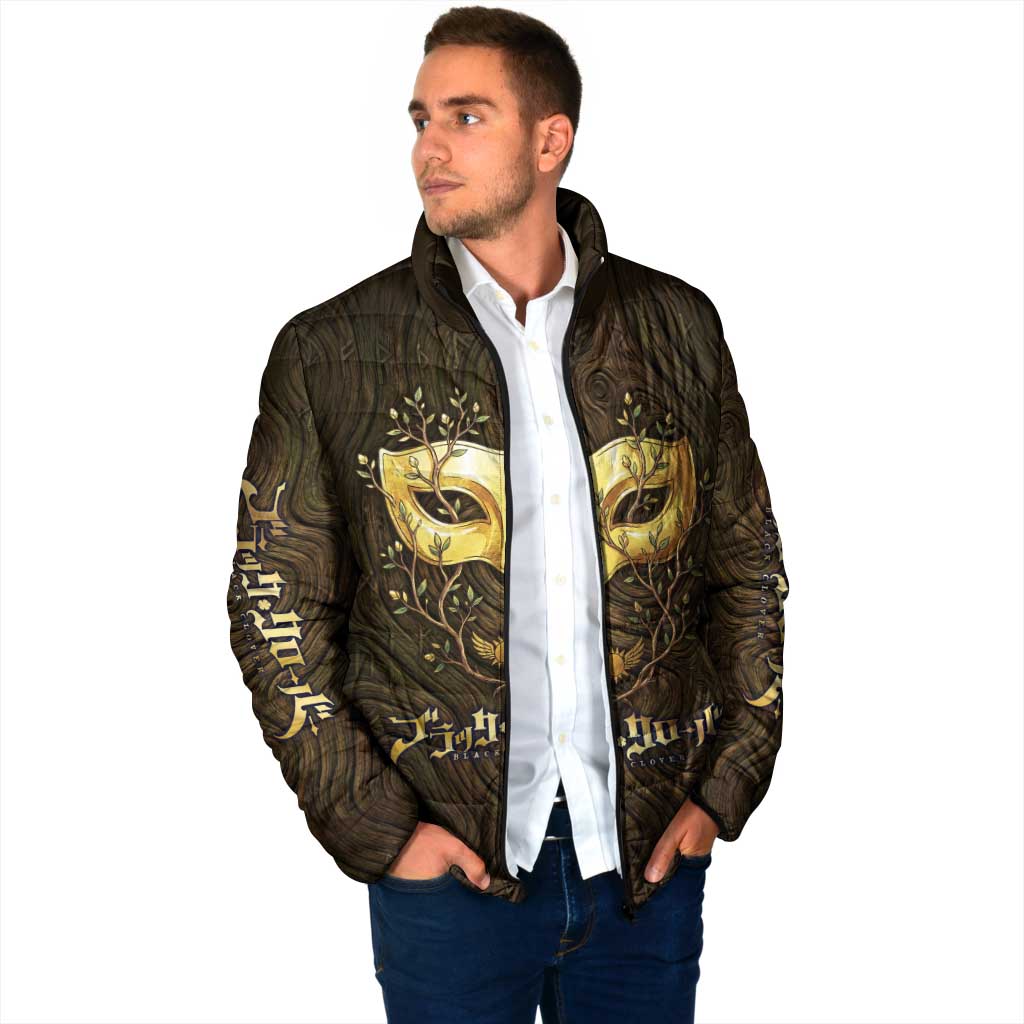 William Vangeance Black Clover Padded Jacket Enchanted Woodgrain Style with Duality and Golden Mask Motif