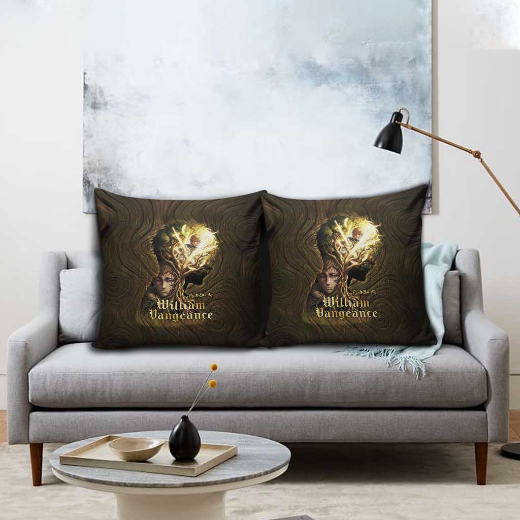 William Vangeance Black Clover Pillow Cover Enchanted Woodgrain Style with Duality and Golden Mask Motif