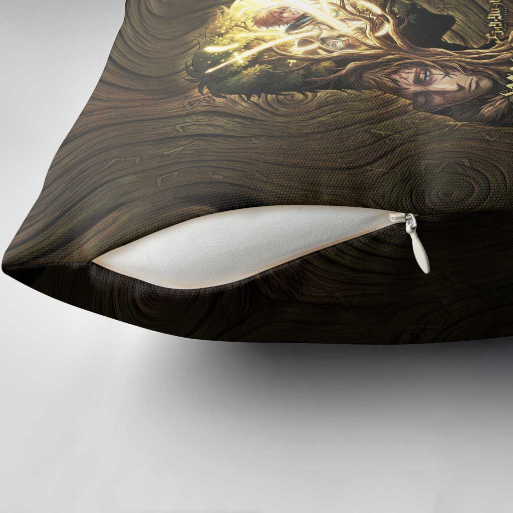 William Vangeance Black Clover Pillow Cover Enchanted Woodgrain Style with Duality and Golden Mask Motif