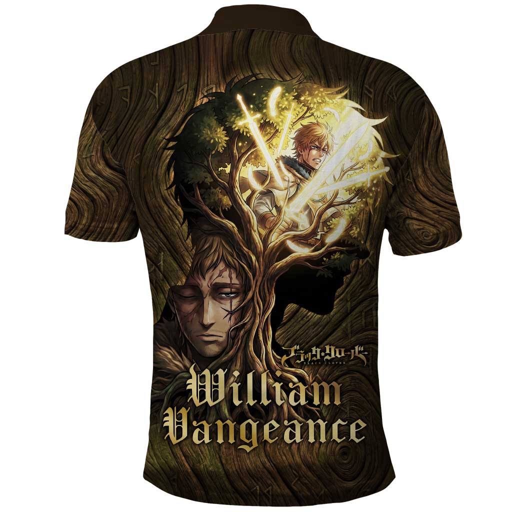 William Vangeance Black Clover Polo Shirt Enchanted Woodgrain Style with Duality and Golden Mask Motif