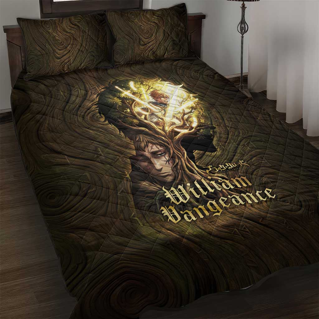 William Vangeance Black Clover Quilt Bed Set Enchanted Woodgrain Style with Duality and Golden Mask Motif