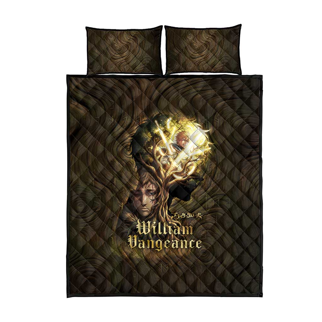William Vangeance Black Clover Quilt Bed Set Enchanted Woodgrain Style with Duality and Golden Mask Motif