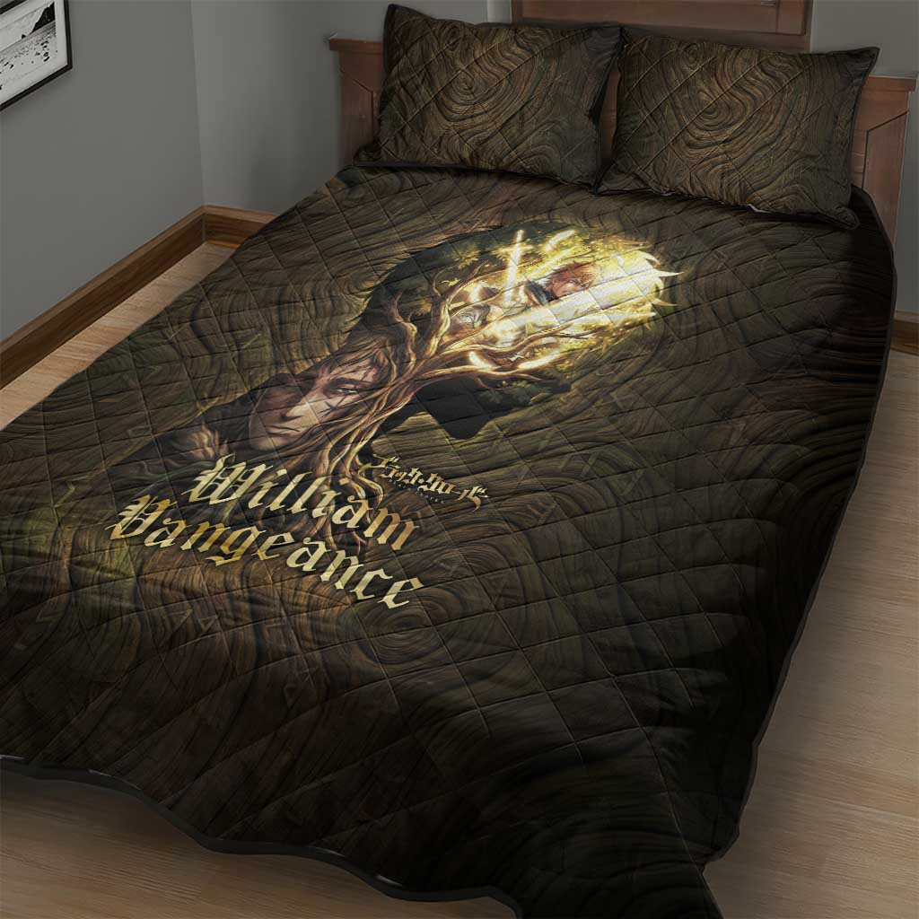 William Vangeance Black Clover Quilt Bed Set Enchanted Woodgrain Style with Duality and Golden Mask Motif