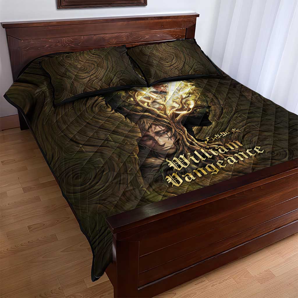 William Vangeance Black Clover Quilt Bed Set Enchanted Woodgrain Style with Duality and Golden Mask Motif