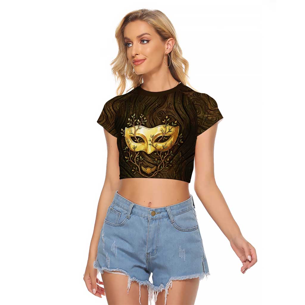 William Vangeance Black Clover Raglan Cropped T Shirt Enchanted Woodgrain Style with Duality and Golden Mask Motif