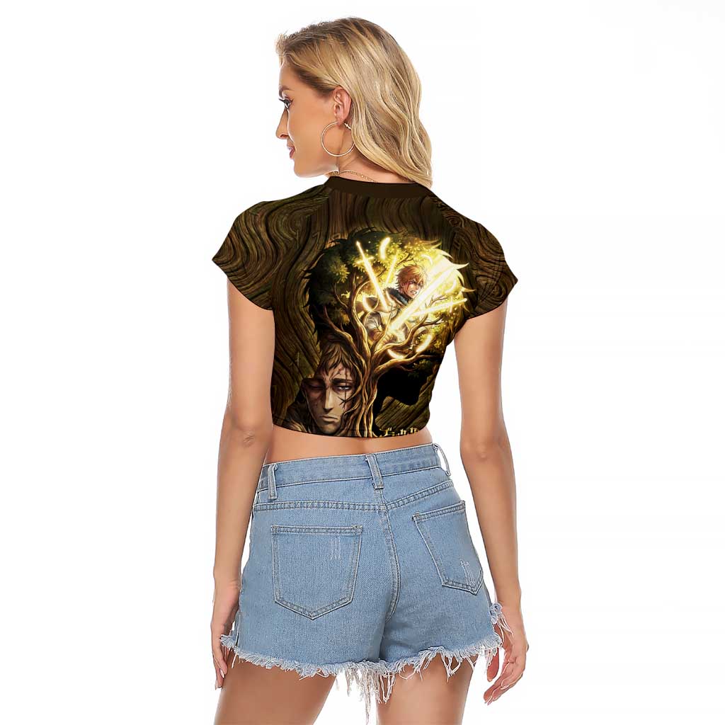 William Vangeance Black Clover Raglan Cropped T Shirt Enchanted Woodgrain Style with Duality and Golden Mask Motif