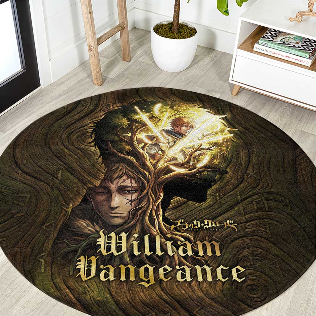William Vangeance Black Clover Round Carpet Enchanted Woodgrain Style with Duality and Golden Mask Motif
