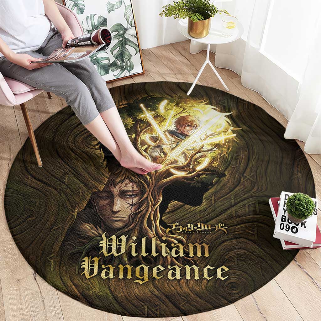 William Vangeance Black Clover Round Carpet Enchanted Woodgrain Style with Duality and Golden Mask Motif