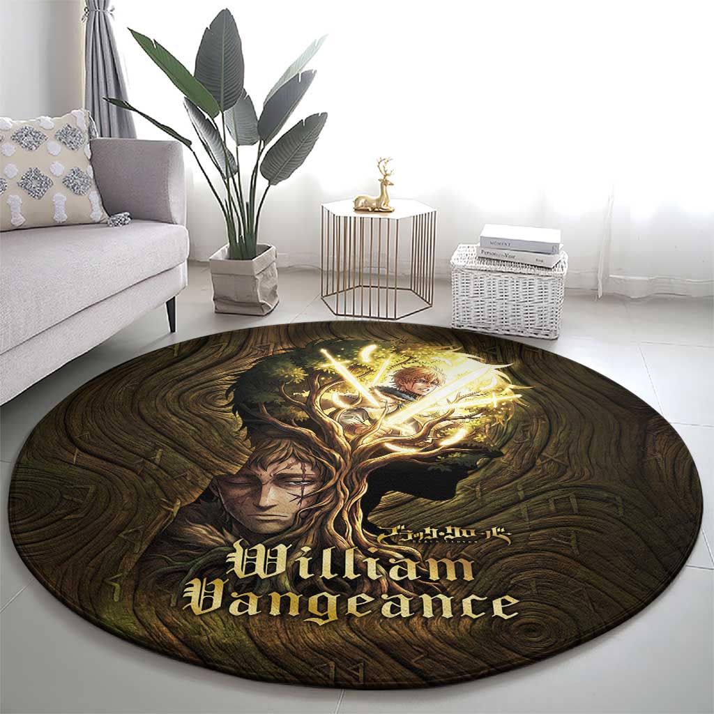 William Vangeance Black Clover Round Carpet Enchanted Woodgrain Style with Duality and Golden Mask Motif