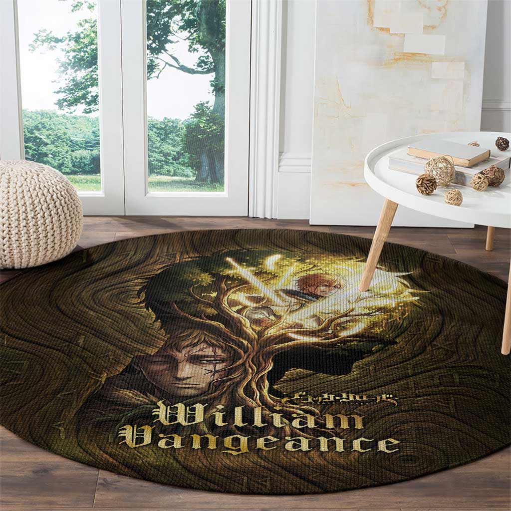 William Vangeance Black Clover Round Carpet Enchanted Woodgrain Style with Duality and Golden Mask Motif